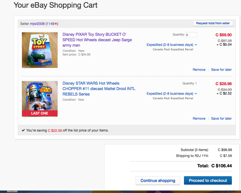 Combined postage Shopping Cart glitch showing free... The eBay Canada